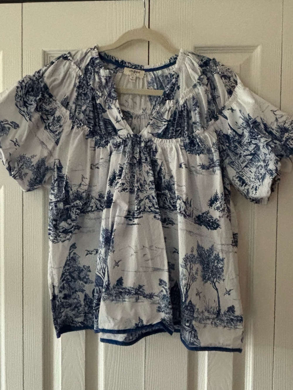 Blue and White Toile Print Blouse